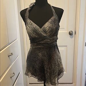BCBG 100% silk Maxaria Lined Halter Wrap Chiffon top in Charcoal Gray/navy/black